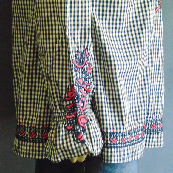 3J Workshop Johnny Was Navy Check Pink Floral Embroidery Off Shoulder Top Sm - Picture 7 of 12